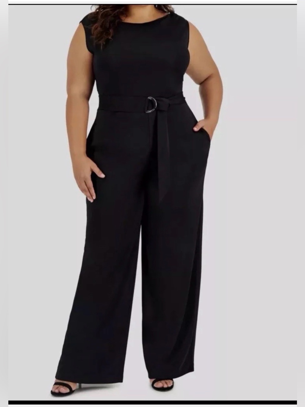 Anne Klein Women Black Crewneck Wide-Leg Belted Jumpsuit Plus Size 3X